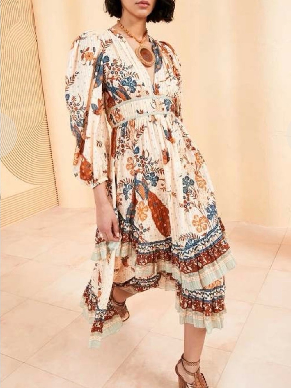 Ulla Johnson Bohemian Floral Tiered Midi Dress in Cream and Rust